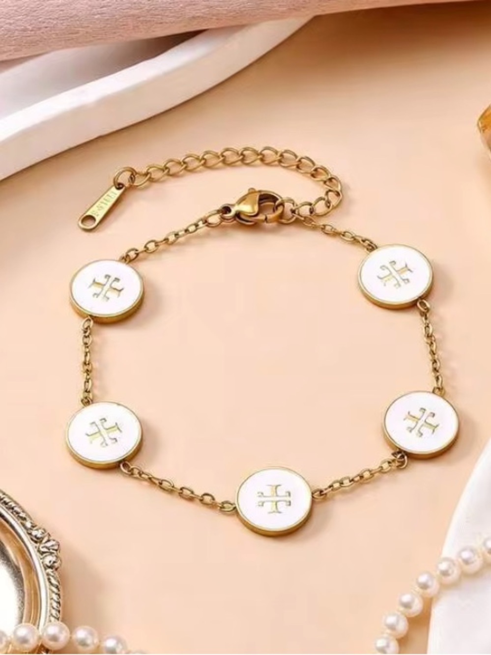 Gold and White Logo Disc Bracelet - Women Jewelry
